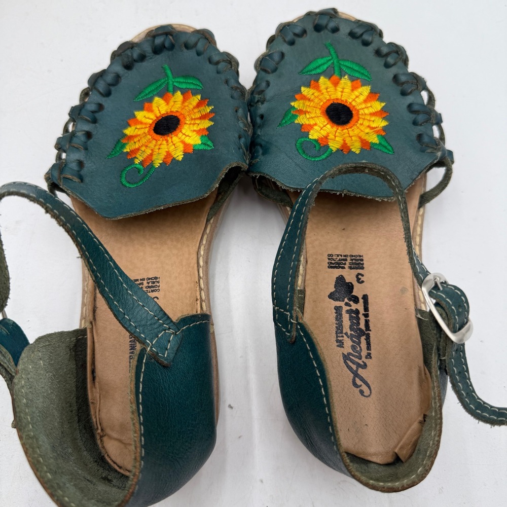 Alegat's Huaraches Mexican Leather Sunflower Embroidered Teal Sandals Women 6 - Picture 8 of 10